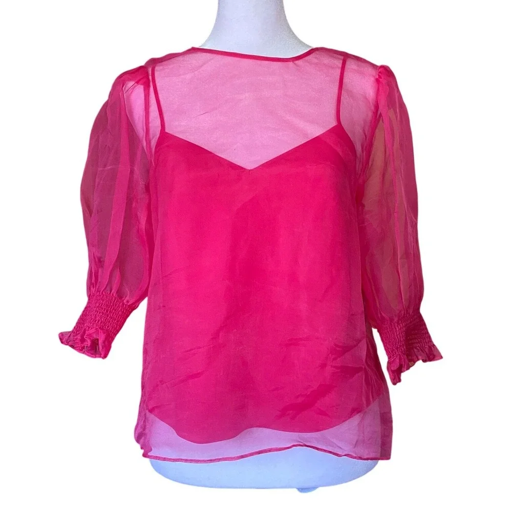 Cinq a Sept Katerina 100% Silk Sheer Hot Pink Puff Sleeve Blouse Top Small Luxe - Picture 3 of 9